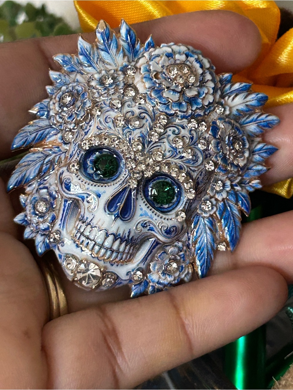 Blue and White Jeweled Sugar Skull brooch